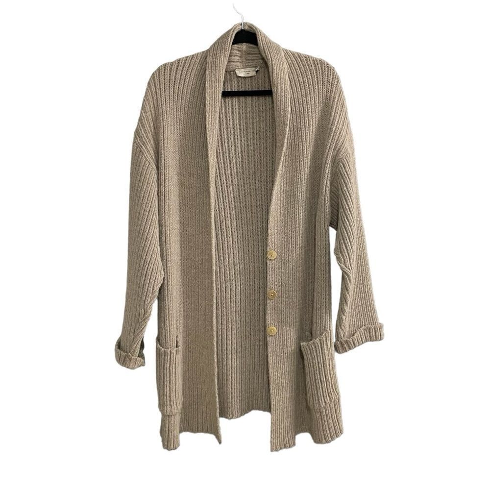 BARBARA BUI Wool Ribbed Long Button Front Cardigan Sweater Tan L